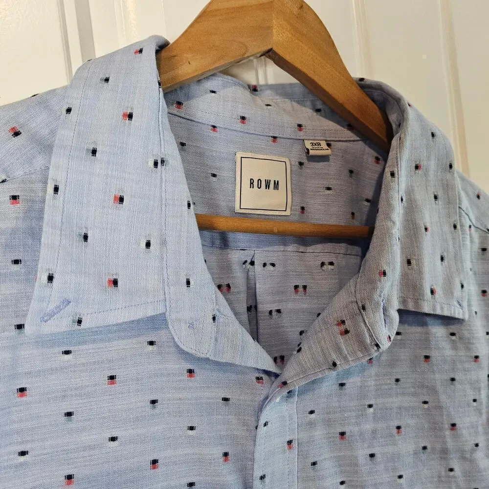 Rowm Big Button Down Shirt Mens 3XB Blue Speckled Casual Soft Cotton Long Sleeve